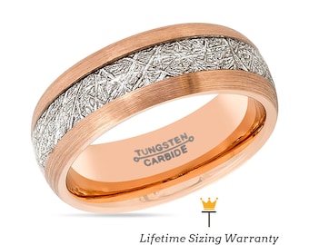 Rose Gold Tungsten Ring | Meteorite Inlay Tungsten Carbide | Mens Wedding Band | Tungsten Rings for Him | Rose Gold Promise Rings Tungsten