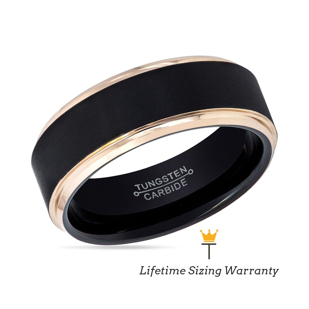 Tungsten Ring Black Brushed | Rose Gold Stepped Edge Mens Wedding Band | Promise Rings For Him | Tungsten Engagement Ring | Anniversary Band