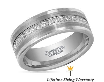 Pipe Cut Tungsten Mens Wedding Band | Brushed  Eternity Engraved Rings for Him | Comfort Fit Engagement & Promise Tungsten Carbide Rings