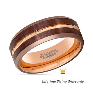 Men&#39;s Rose Gold Rings, Brown Brushed Tungsten Grooved, Personalized Engraved Wedding Band for Him, Male Anniversary Gifts, Matching Jewelry