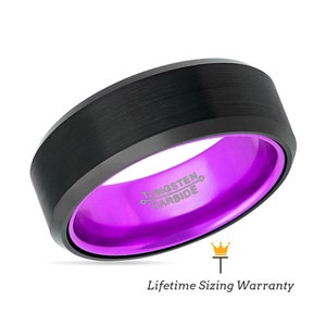 Black and Purple Tungsten Ring | Mens Wedding Band Brushed Tungsten Carbide, Wedding Anniversary Rings for Him | Promise Ring | Beveled Edge