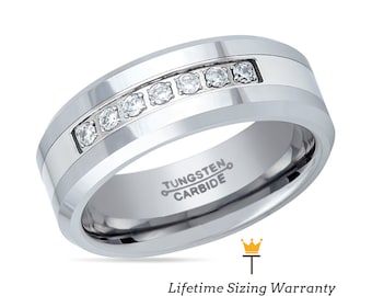 High Polished Tungsten Mens Wedding Band | Brushed CZ Engraved Rings for Him | Engagement & Promise Tungsten Carbide Ring | Anniversary Band