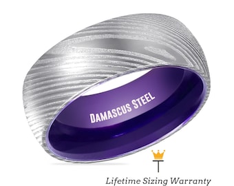 Silver Damascus Steel Wedding Band, Purple Aluminum Inner Ring
