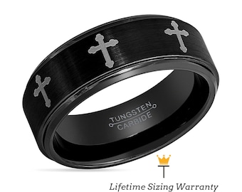 Black Laser Engraved Crosses, Tungsten Mens Wedding Band Brushed | Tungsten Carbide Wedding Rings | Anniversary Rings for Him | Promise Ring