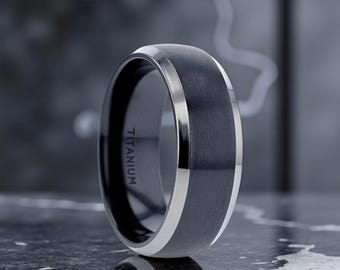 Black Brushed Titanium Ring, Polished Silver Edge, Mens Wedding Band