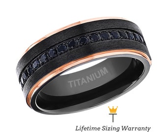 Flat Brushed Black Titanium Ring with Rose Gold Edges, Black Sapphire all Around, Mens Wedding, Engagement, Promise Anniversary Rings