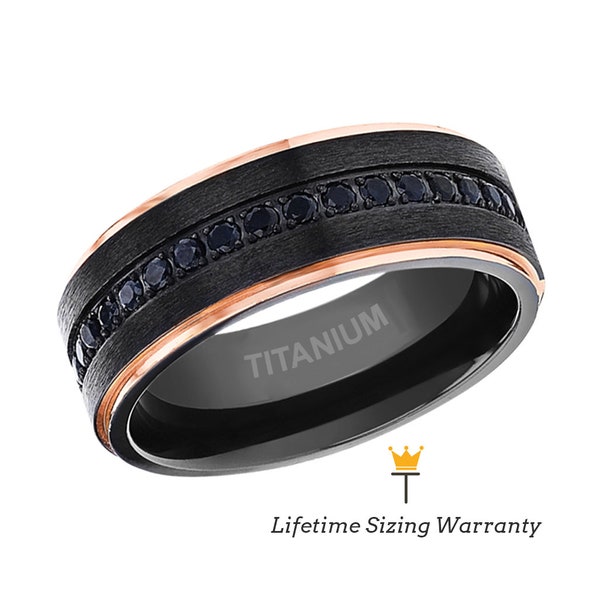 Flat Brushed Black Titanium Ring with Rose Gold Edges, Black Sapphire all Around, Mens Wedding, Engagement, Promise Anniversary Rings