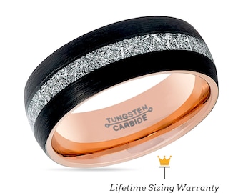 Rose Gold Tungsten Meteorite Ring | Silver Meteorite Inlay | Tungsten Carbide | Rose Gold Wedding Band | Mens Wedding Band | Rings for Him