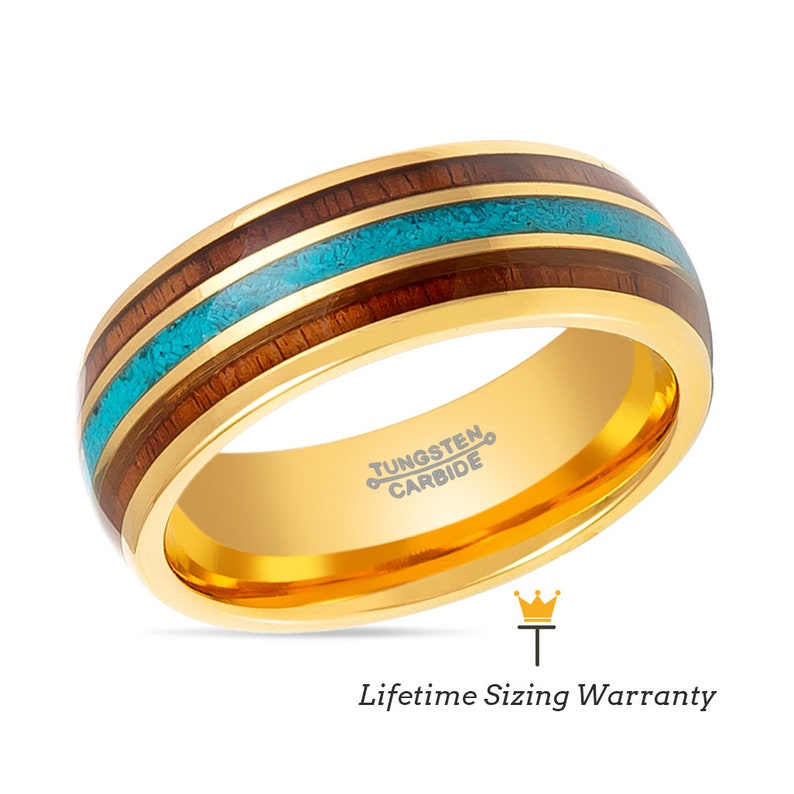 Unique Mens Ring Gold Plated Rosewood Inlay Wedding Ring Anniversary Ring Engrave Gold Tungsten Crushed Turquoise Wood Inlay Wedding Band
