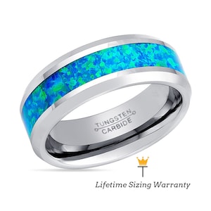Blue Opal Inlay Tungsten Ring | Unique Tungsten Carbide Mens Wedding Band | Anniversary Ring Blue | Promise & Engagement Gift For Him