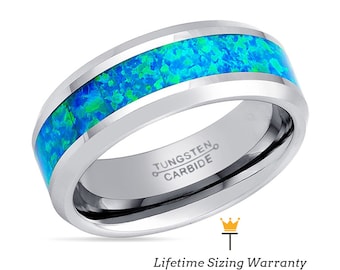 Blue Opal Inlay Tungsten Carbide Ring | Mens Wedding Band