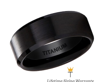 Titanium Ring Black with Polished Beveled Edges and Brush Finished Center, Mens Wedding Band, Engagement and Promise Black Rings For Him