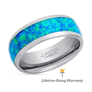 Domed Blue Opal Inlay Tungsten Ring | Unique Tungsten Carbide Mens Wedding Band | Anniversary Ring Blue | Promise & Engagement Gift For Him