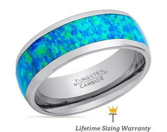 Blue Opal Inlay Tungsten Ring | Domed Wedding Band