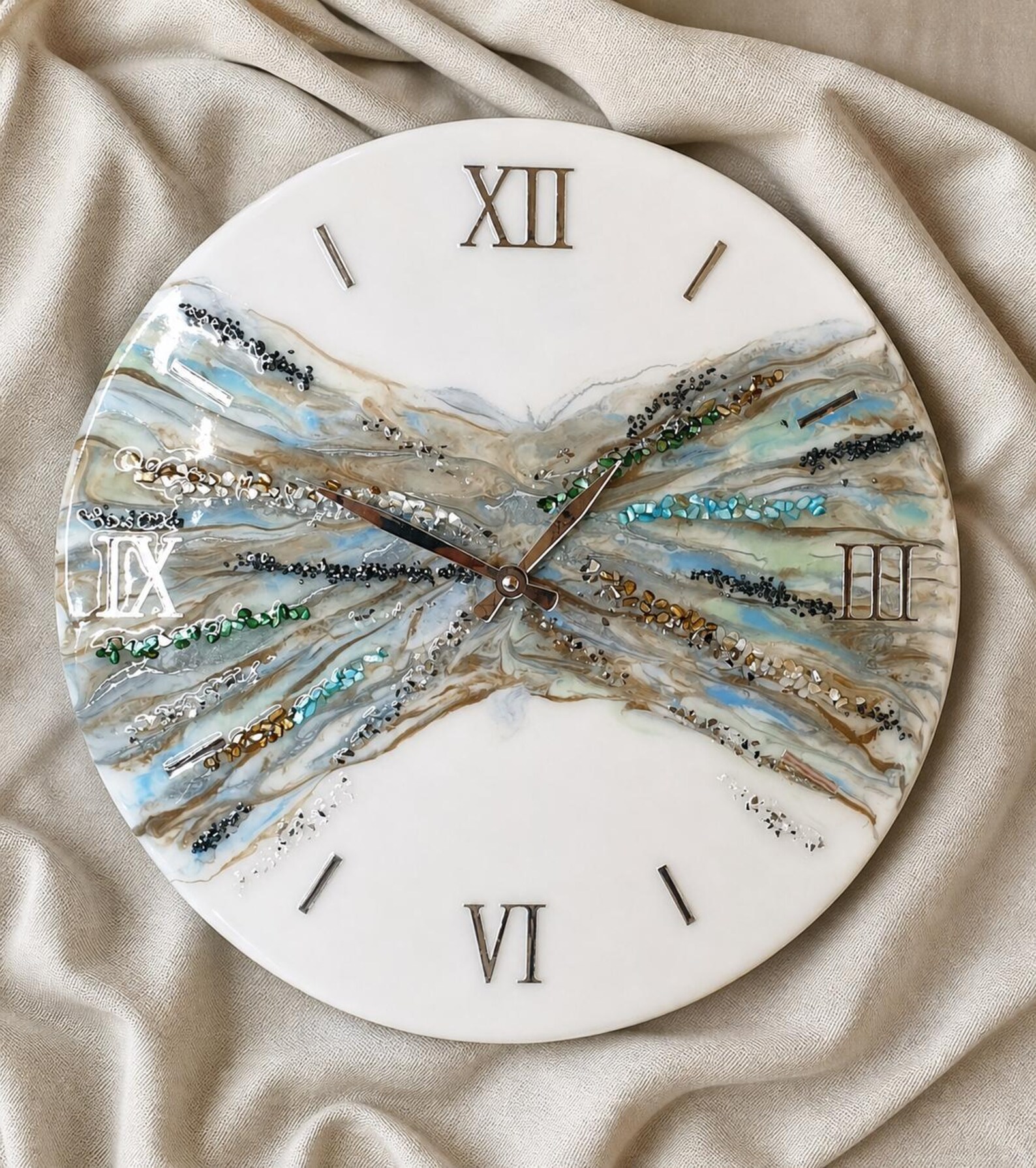 Handmade Epoxy Resin Wall Clock | White & Silver Marble | Multicolour ...