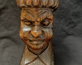 Vintage Hand Carved Wood Bust On Book