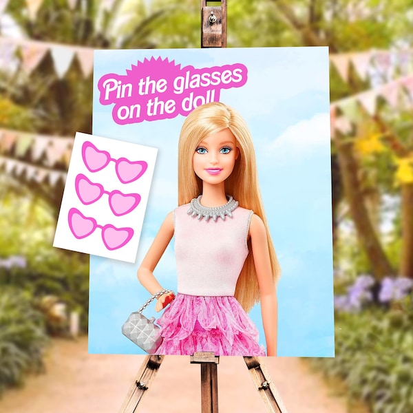 Pin zonnebril op het pop-verjaardagsspel, Fashion Doll Party Game, Pink Doll Birthday Party Decor, afdrukbare sjabloon 003