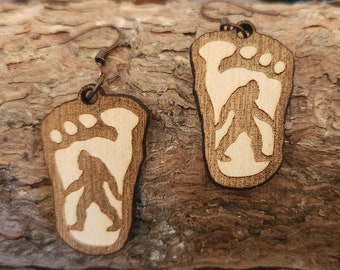 Sasquatch earrings, Bigfoot earrings. Laser engraved and laser cut wooden, sustainable earrings.