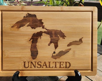 Unsalted laser engraved bamboo cutting board - Great Lakes decor, lake life, no sharks!  **Stand Optional**