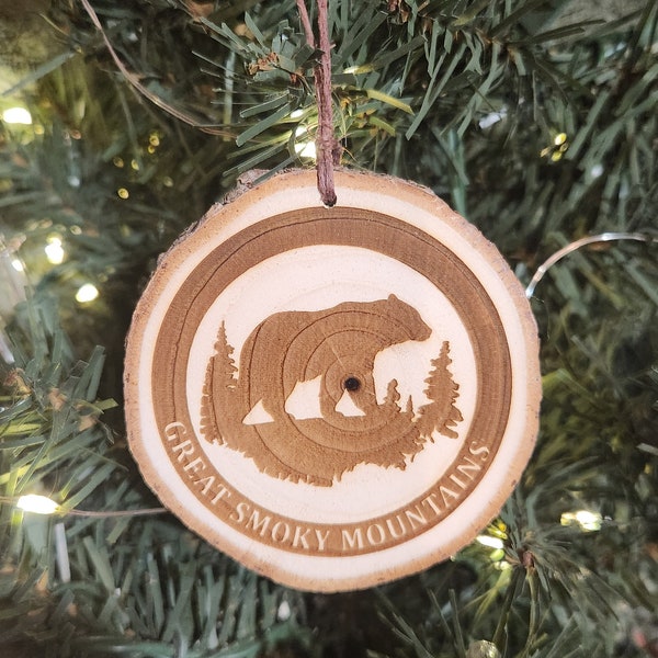 Laser engraved Great Smoky Mountains reclaimed wood ornament.  Choice of Black Bear or Sasquatch. National Park souvenir, GSMNP, sustainable