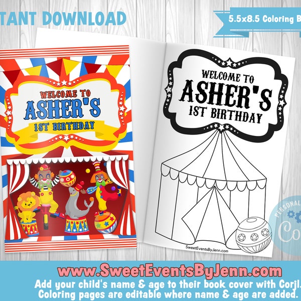 Circus Carnival Coloring Book - Printable Coloring Book - Instant Download - Corjl - 1st Birthday - Boys Birthday - Kids Party Favor