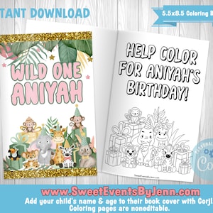 Wild One Birthday Coloring Book: Editable Cover, Jungle Animals (Digital Download)