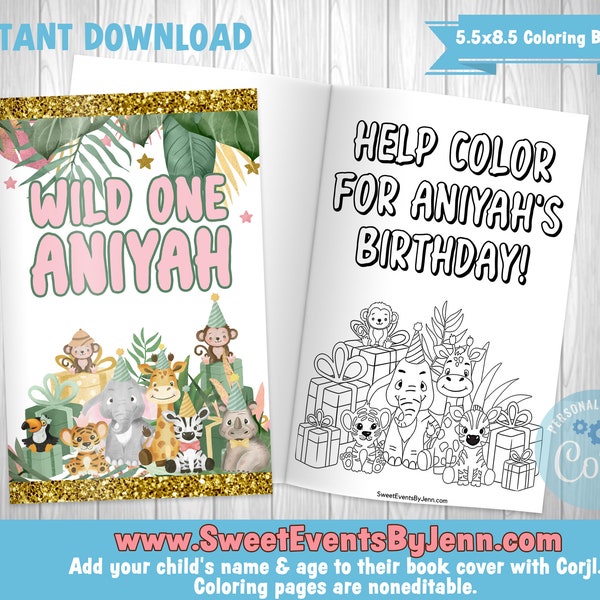Wild One Coloring Book - Printable Coloring Book - Instant Download - Corjl - Editable Book Cover & Coloring Pages