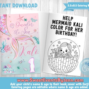 Mermaid Coloring Book Printable Coloring Book Instant Download Corjl Editable Book Cover & Coloring Pages image 1