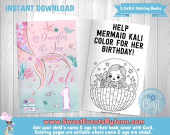 Mermaid Coloring Book - Printable Coloring Book - Instant Download - Corjl - Editable Book Cover & Coloring Pages