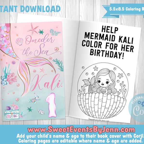 Mermaid Coloring Book - Printable Coloring Book - Instant Download - Corjl - Editable Book Cover & Coloring Pages