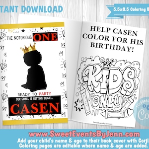Notorious One Coloring Book - Hip Hop Birthday - Boys Birthday - 1st Birthday - Printable - Instant Download - Corjl - Editable Book & Pages