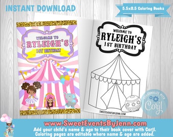 Circus Carnival Coloring Book - Printable Coloring Book - Instant Download - Corjl - 1st Birthday - Girls Birthday - Kids Party Favor