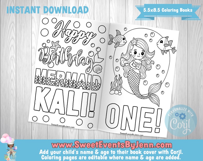 Mermaid Coloring Book Printable Coloring Book Instant Download Corjl Editable Book Cover & Coloring Pages image 2