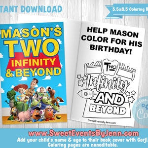 Könnte beinhalten: Ein druckbarer Malbuchumschlag mit einer Schwarzweißillustration einer Rakete mit dem Text "Two Infinity and Beyond" und den Worten "Help Mason Color for His Birthday!" Der Umschlag ist für den zweiten Geburtstag eines Kindes konzipiert und kann mit Corjl personalisiert werden.