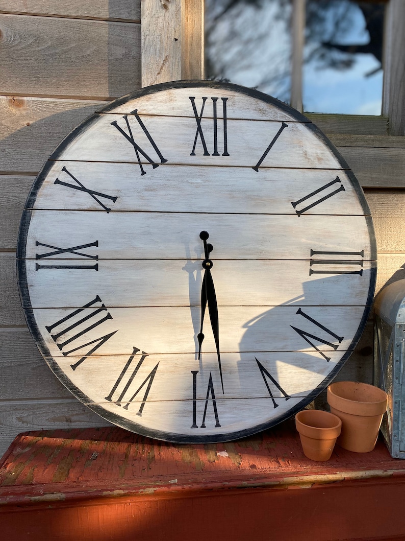 White Distressed wall clock large wall clock farmhouse Etsy