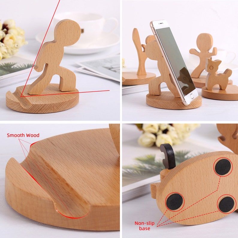 Wooden Cellphone Stand Cartoon Animal Handmade Mobile Phone Holder Creative Wood Smartphone Stand Phone Dock Station Desktop Accessories