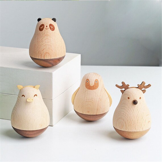 Roly-poly Toy Cute Cartoon Animal Wooden Tumbler Ornament Children Kids Toy  Home Office Craft Desktop Decoration Handicrafts Birthday Gift -   Singapore