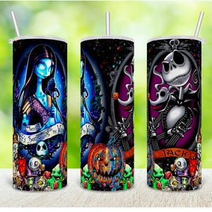 Vaso de Halloween de Jack y Sally: Botella de agua de acero inoxidable de 20 oz. COMPRADORES DE EE. UU. - SIN aranceles ni tarifas adicionales imagen 1