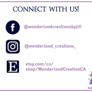 Puede incluir: Un gr&aacute;fico con iconos de redes sociales y enlaces para Wonderland Creations. Los iconos incluyen Facebook, Instagram y Etsy. El texto incluye las manijas @wonderlandcreationsbyjill, @wonderland_creations_ y etsy.com/ca/shop/WonderlandCreationCA.