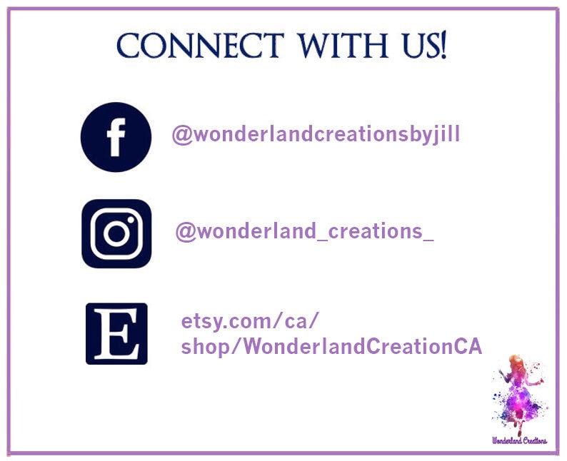 Puede incluir: Un gr&aacute;fico con iconos de redes sociales y enlaces para Wonderland Creations. Los iconos incluyen Facebook, Instagram y Etsy. El texto incluye las manijas @wonderlandcreationsbyjill, @wonderland_creations_ y etsy.com/ca/shop/WonderlandCreationCA.
