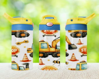 Personalized construction 12oz kids tumbler water bottle