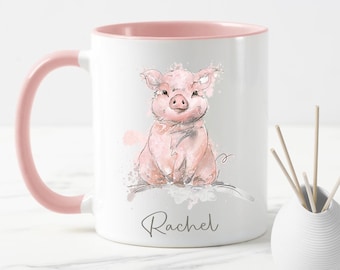 FREE POSTAGE** Dishwasher safe Lovely bright watercolour cute Pig Personalised mug cup, great friendship gift Piggy Piglet