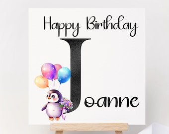 Pretty Cute watercolour Happy Birthday greeting card personalised with name and Initial. Perfect for Penguin Zoo animal Fan. Balloon card