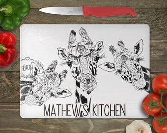 Giraffe chopping board, chopping board, Black & White Giraffe chopping board, Glass chopping board, worktop saver, new home gift, kitchen