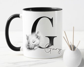 Pretty Mouse Mug personalised with name and initial. Cute bat cup, Mouse Mug, Personalised Mouse cup, Mice, Sleeping Mouse, Birthday Mug