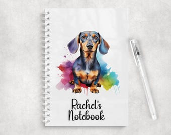 Personalised Pretty Dachshund A5 Notebook • Custom Name Journal • Glossy Cover • Coloured Spine Name Notebook Notepad, Dachshund Stationery