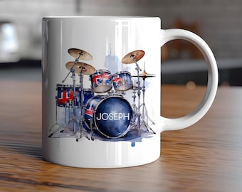 Personalised Name Custom Drum Kit Mug – Union Jack Drums, Music Fans & Band Members. Music Lovers and Musicians. Band Name Present