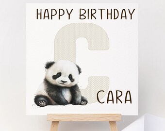 Pretty Cute watercolour Happy Birthday greeting card personalised with name and panda, panda card, Child, son, daughter, friend, initial