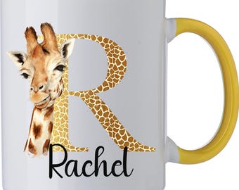FREE POSTAGE** Personalised Name Cute Yellow Giraffe Safari Mug Cup White Jungle Watercolour animal Coffee Tea Novelty Gift Present