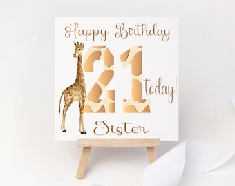 Pretty Cute watercolour Happy Birthday greeting card personalised with name and age. Perfect for Giraffe Safari Fan Girl Boy Man Woman